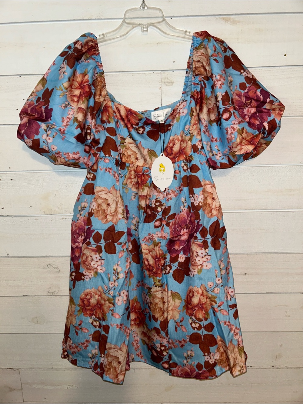 Boutique Floral Puff Sleeve Mini Dress - Blue with Brown & Pink Blooms